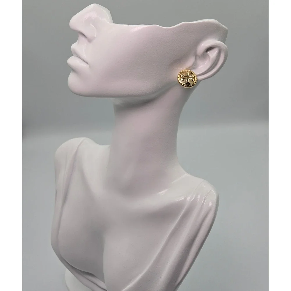 Tory Burch Gold Tone Logo Stud Earrings Pierced Designer Jewelry‎